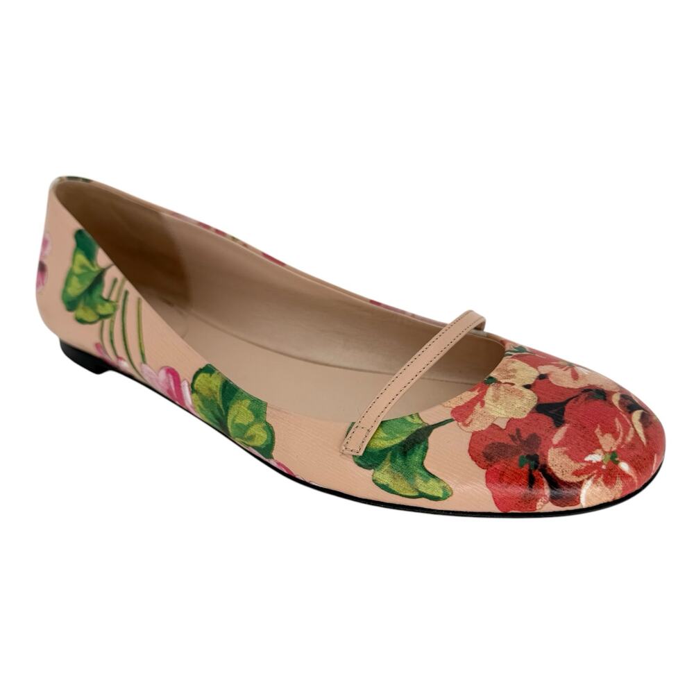 GUCCI Calfskin Blooms Print Ballet Flats EU 39.5 US 9.5 Pink Apricot Multicolor